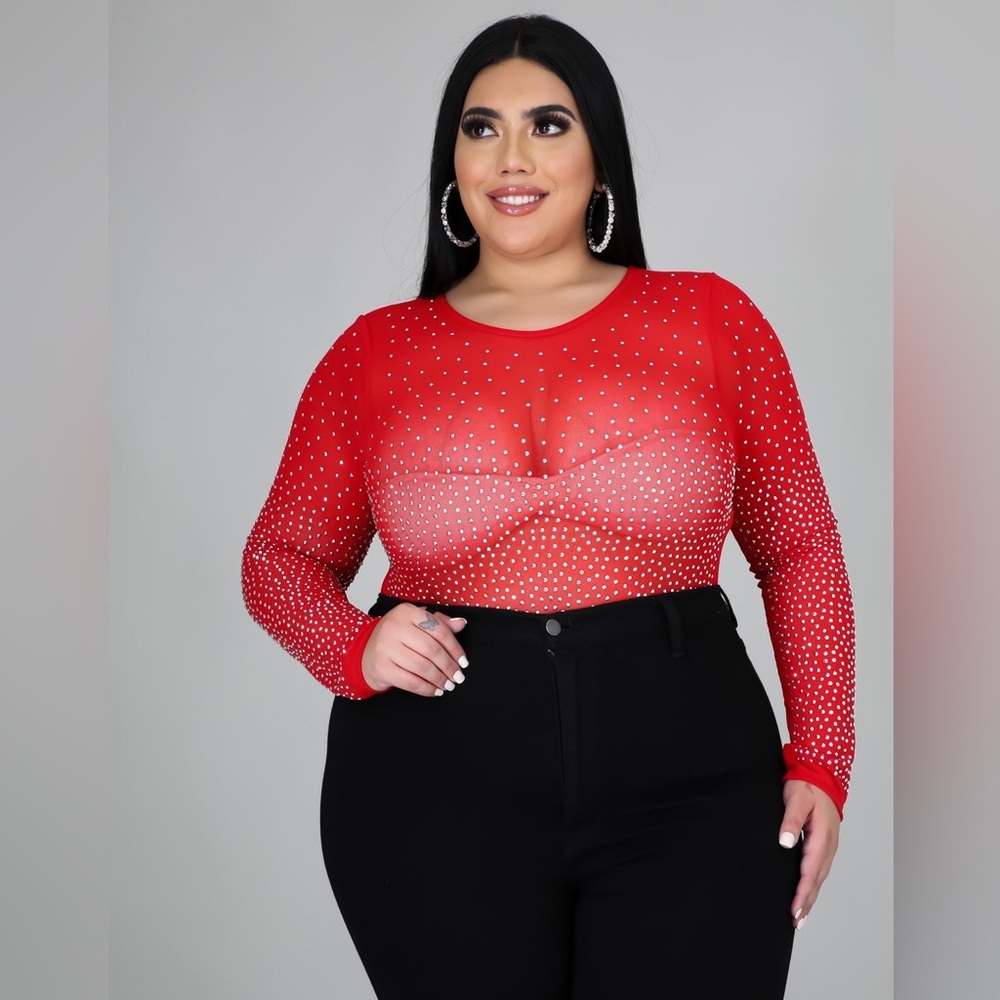 Red Rhinestone Embellished Sheer Top - Picture 2 of 2